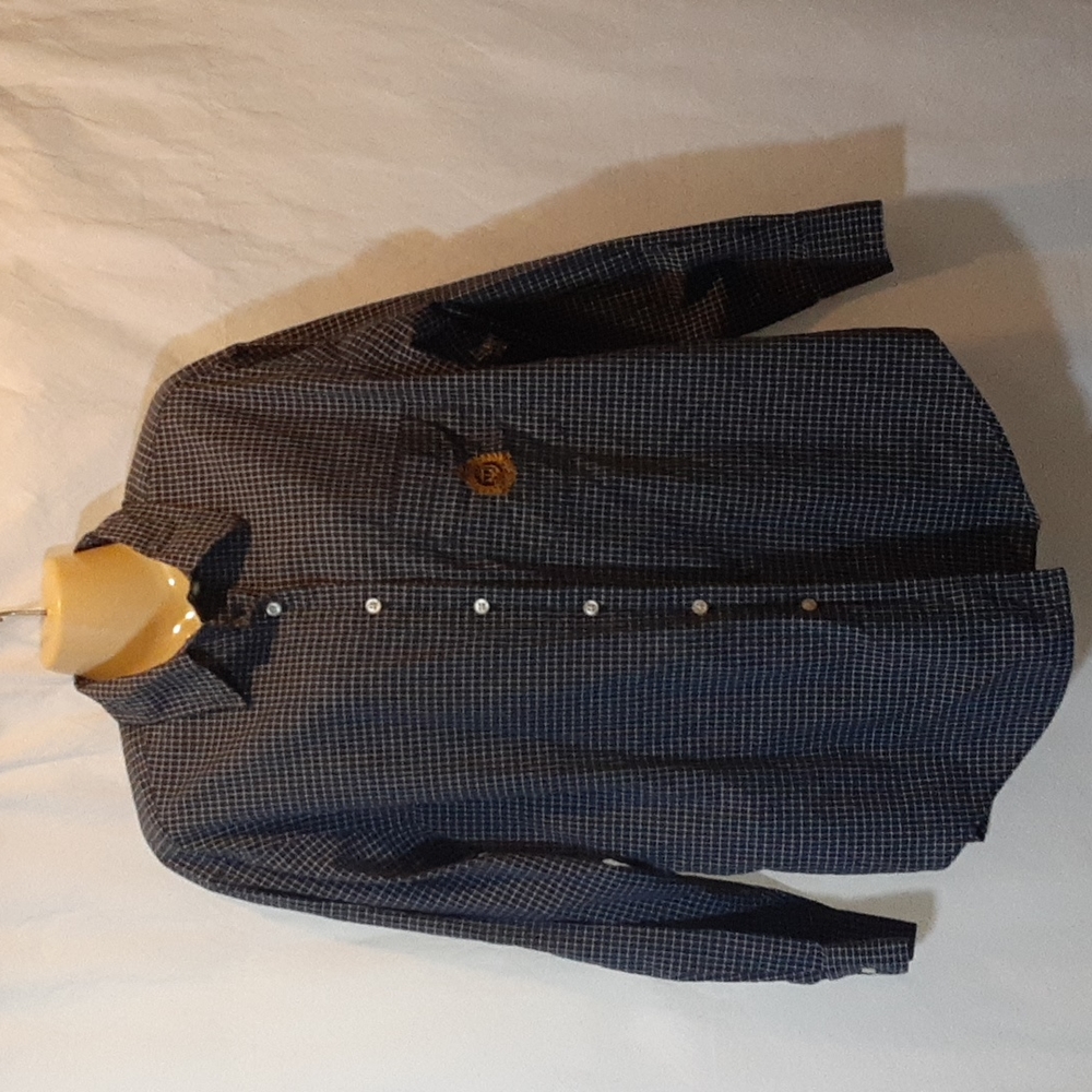 Lauren Ralph Lauren Womens 14 Shirt Navy Blue Plaid Top Gold Logo Crest Cotton